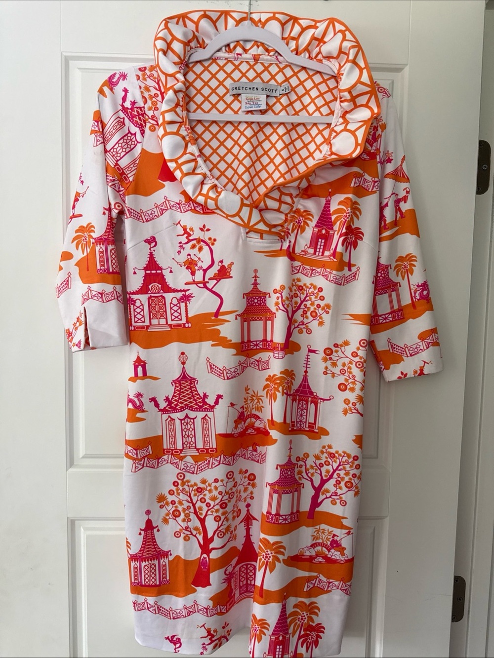 Gretchen Scott Designs Pagoda Paradise Pink/Orange/White Ruffle Dress Size Small